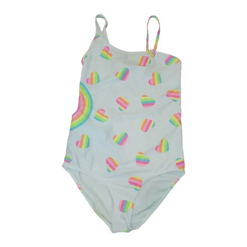 NWOT Juicy Couture Kids Girls One Piece Swimsuit Rainbow Hearts Size 14